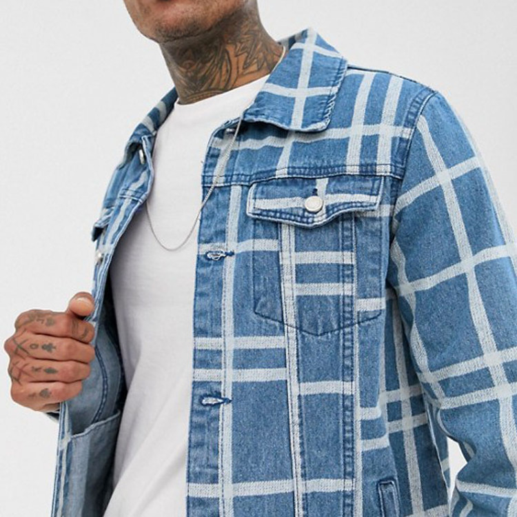 Bulk wholesale custom mens two pockets oversized denim blue jean denim print plaid jackets