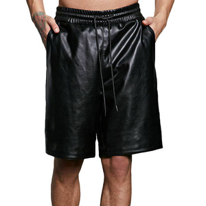 Streetwear faux leather shorts custom logo drawstring waist black color casual shorts for men