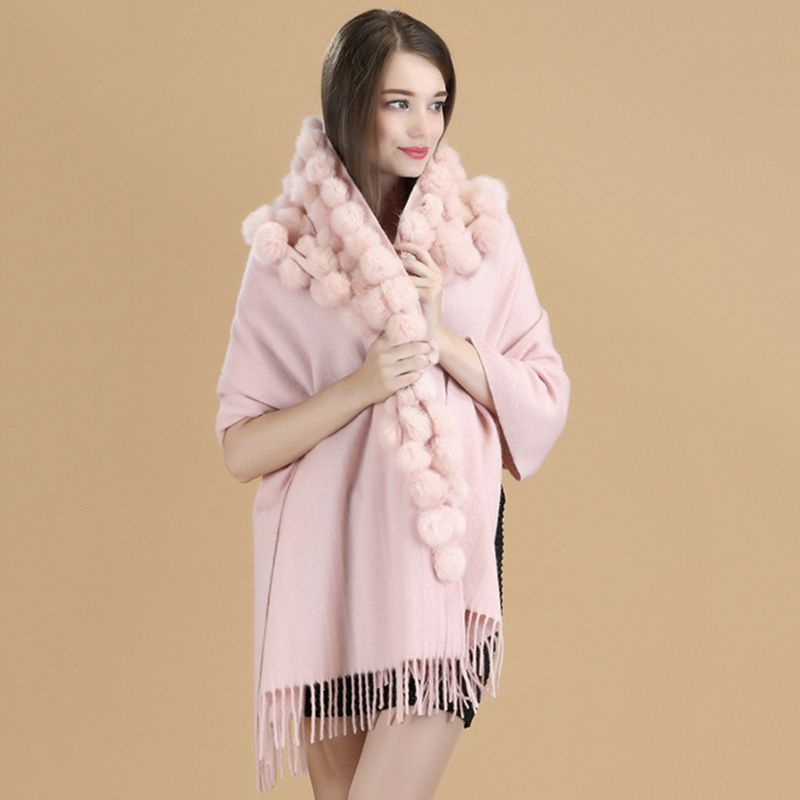 Luxury Brand Scarf Women Winter Thick Genuine Rabbit Fur Pompom Ball Big Size Shawls and Women's Wool Cover Cashmere Pashmina