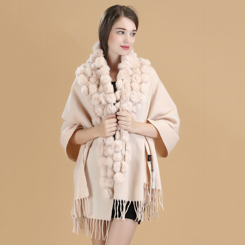 Luxury Brand Scarf Women Winter Thick Genuine Rabbit Fur Pompom Ball Big Size Shawls and Women's Wool Cover Cashmere Pashmina