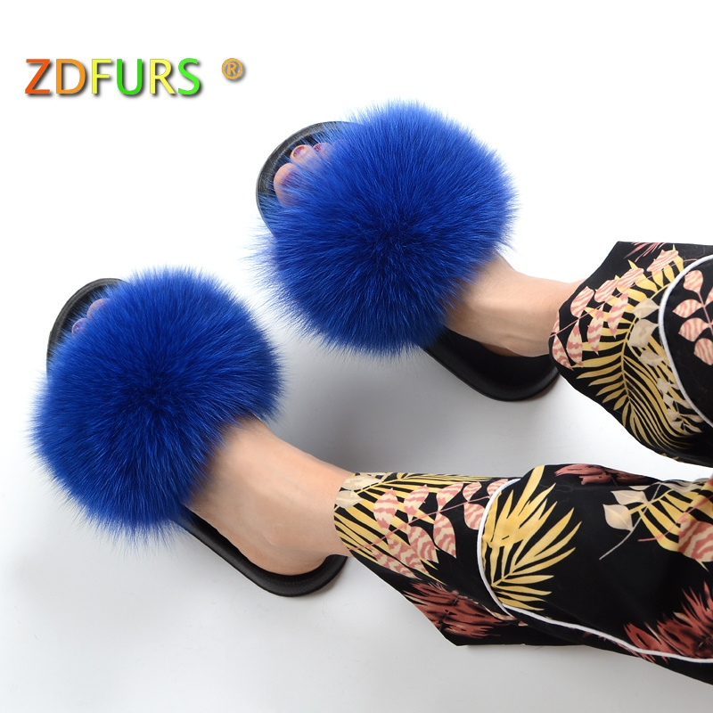 ZDFURS 2024 Fashion Fox Fur Slippers Real Fur Slides Summer Flip Flops Casual Vogue Fox Fur Sandals Vogue Plush Shoes Wholesale