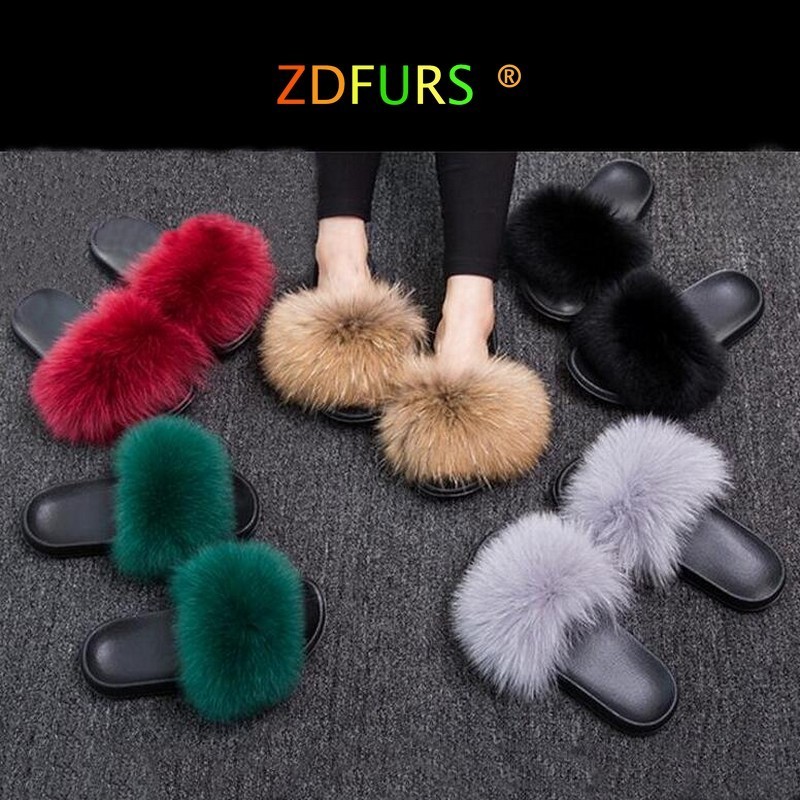 ZDFURS 2024 Fashion Fox Fur Slippers Real Fur Slides Summer Flip Flops Casual Vogue Fox Fur Sandals Vogue Plush Shoes Wholesale