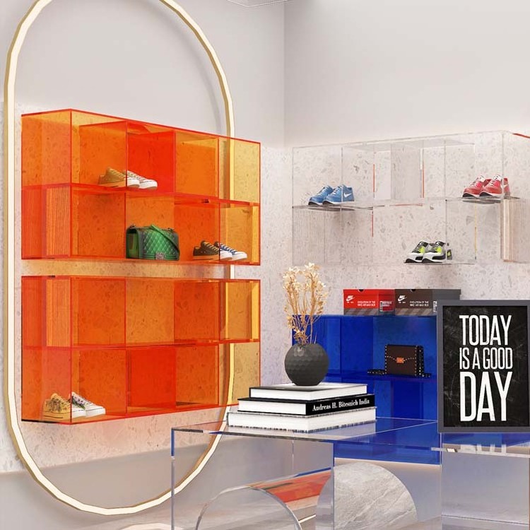 plastic Modern acrylic Cube display rack shoe handbag Cabinet stand Customized Size Silk Screen Logo durable Display box acrylic