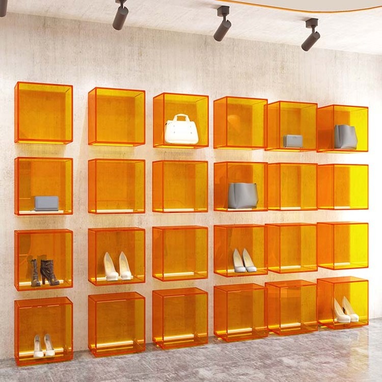 plastic Modern acrylic Cube display rack shoe handbag Cabinet stand Customized Size Silk Screen Logo durable Display box acrylic