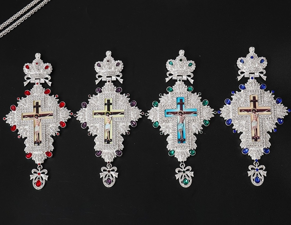 ZD047 Silver Alloy Orthodox Church Pectoral Cross Pendant with Customized Colorful Diamond Deluxe Spiritual gift for Bishop