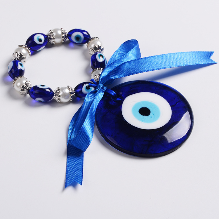 Handmade Art & Craft Lucky Glaze 60 mm Blue Evil Eye Wall Hanging Decor with Ribbon and Pearl  Beads Bracelet