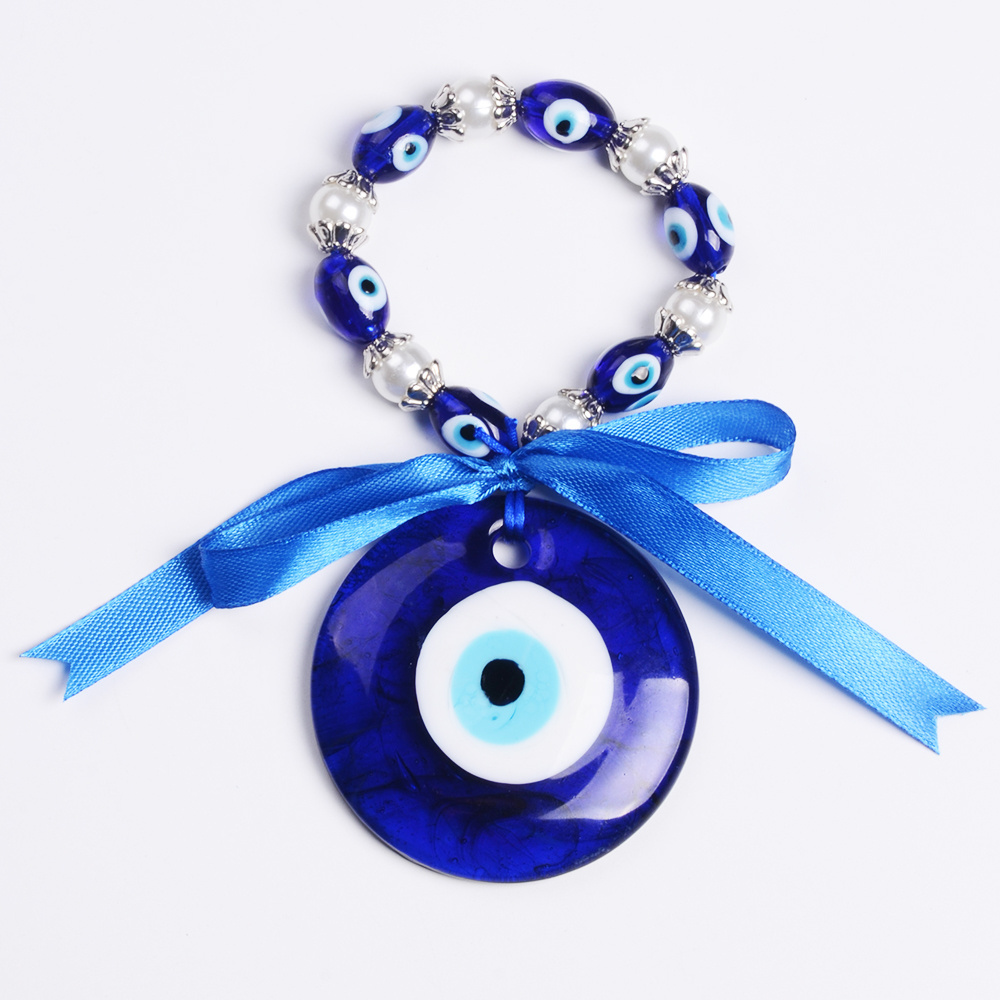 Handmade Art & Craft Lucky Glaze 60 mm Blue Evil Eye Wall Hanging Decor with Ribbon and Pearl  Beads Bracelet