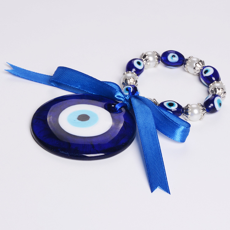 Handmade Art & Craft Lucky Glaze 60 mm Blue Evil Eye Wall Hanging Decor with Ribbon and Pearl  Beads Bracelet