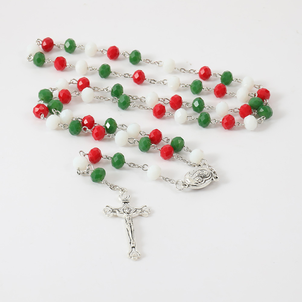 ZD 6*8mm Crystal Rosary Custom Green Red White Glass Beads Five Decade Chaplets Silver St.Mary Medal Jesus Cross Rosaries