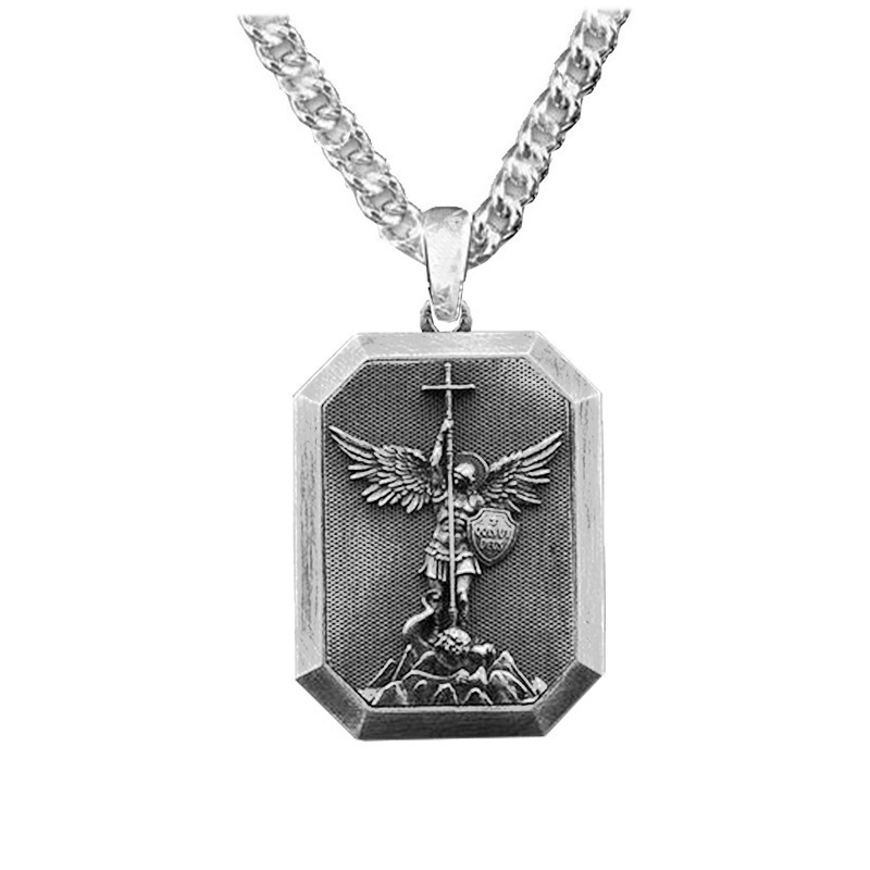 Risingmoon Vintage Antique Silver Holy Guardian Religious Mens Long Sweater Chain Angel Necklace