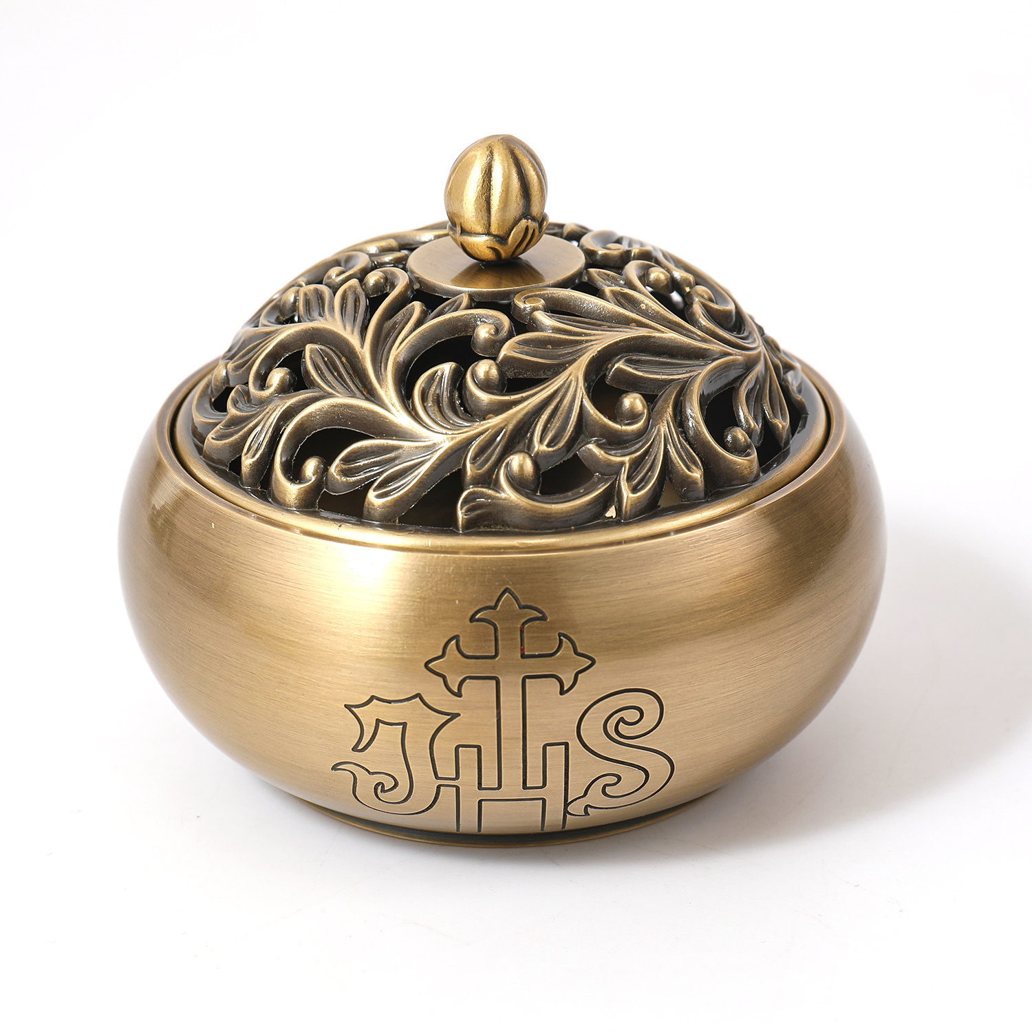 ZD Luxury Catholic Antique Brass Incense Burner with JHS Carved Craft for Home Ornament Gift of Household