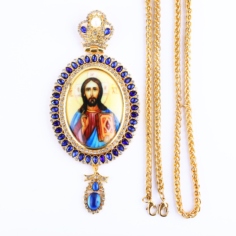 Gold Alloy Byzantine Jesus Icon Pendant with Chain Russian Orthodox Pectoral Cross for Priest Bishop