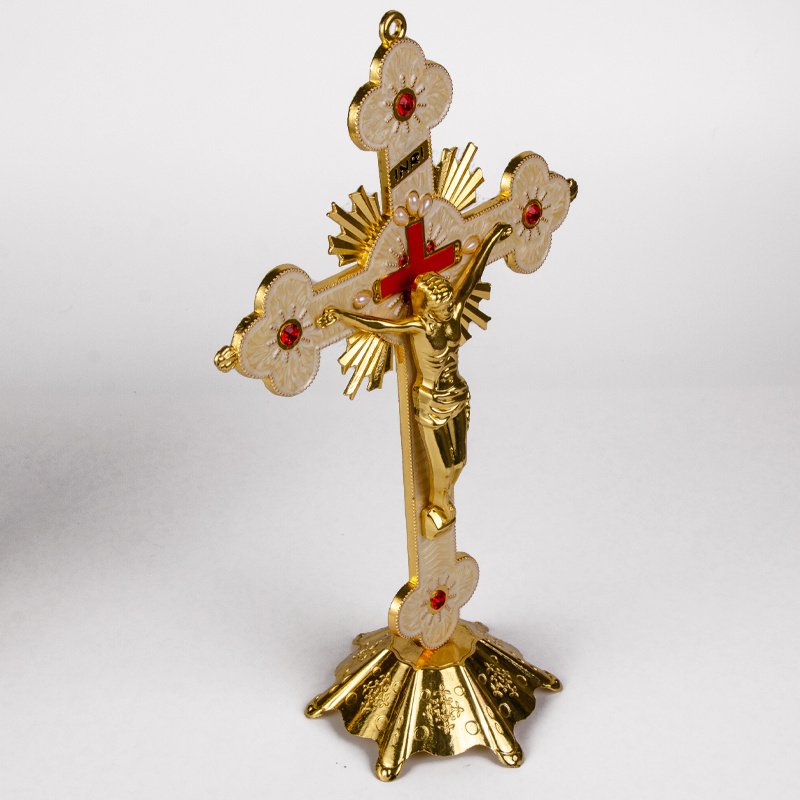 Custom designed wholesale religious Jesus metal standing crucifix, decorated with a Catholic wall cross