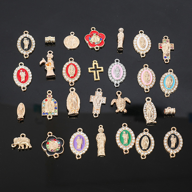 Risingmoon Hook Gold Plate Zinc Alloy Crystal Death San Judas Turtle Elephant DIY Jewelry Charms Cross Virgin Mary Accessory