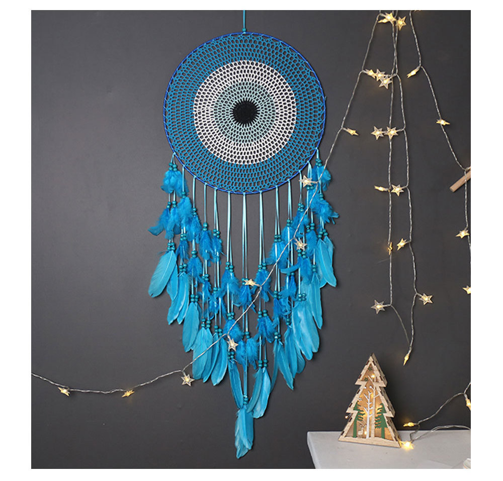 Large Dream Catcher Wall Decor for Bedroom Boho Evil Eye Dream Catcher Blue Turquoise Feather Macrame Wall Hanging