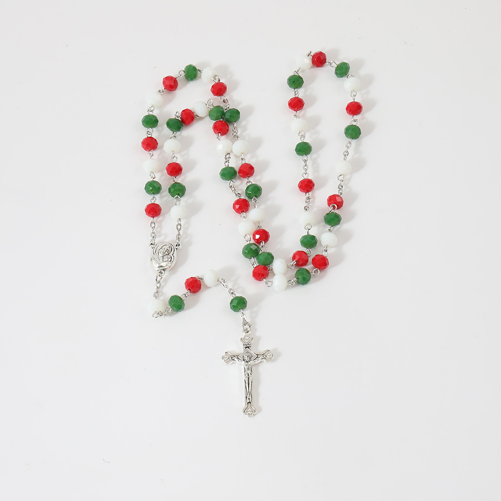 ZD 6*8mm Crystal Rosary Custom Green Red White Glass Beads Five Decade Chaplets Silver St.Mary Medal Jesus Cross Rosaries