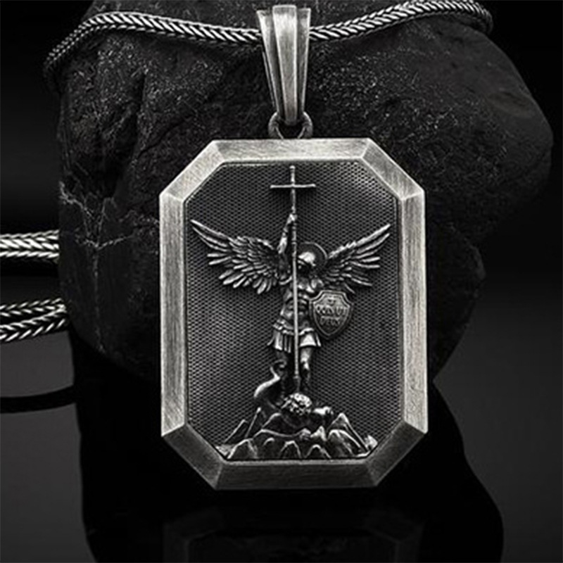 Risingmoon Vintage Antique Silver Holy Guardian Religious Mens Long Sweater Chain Angel Necklace