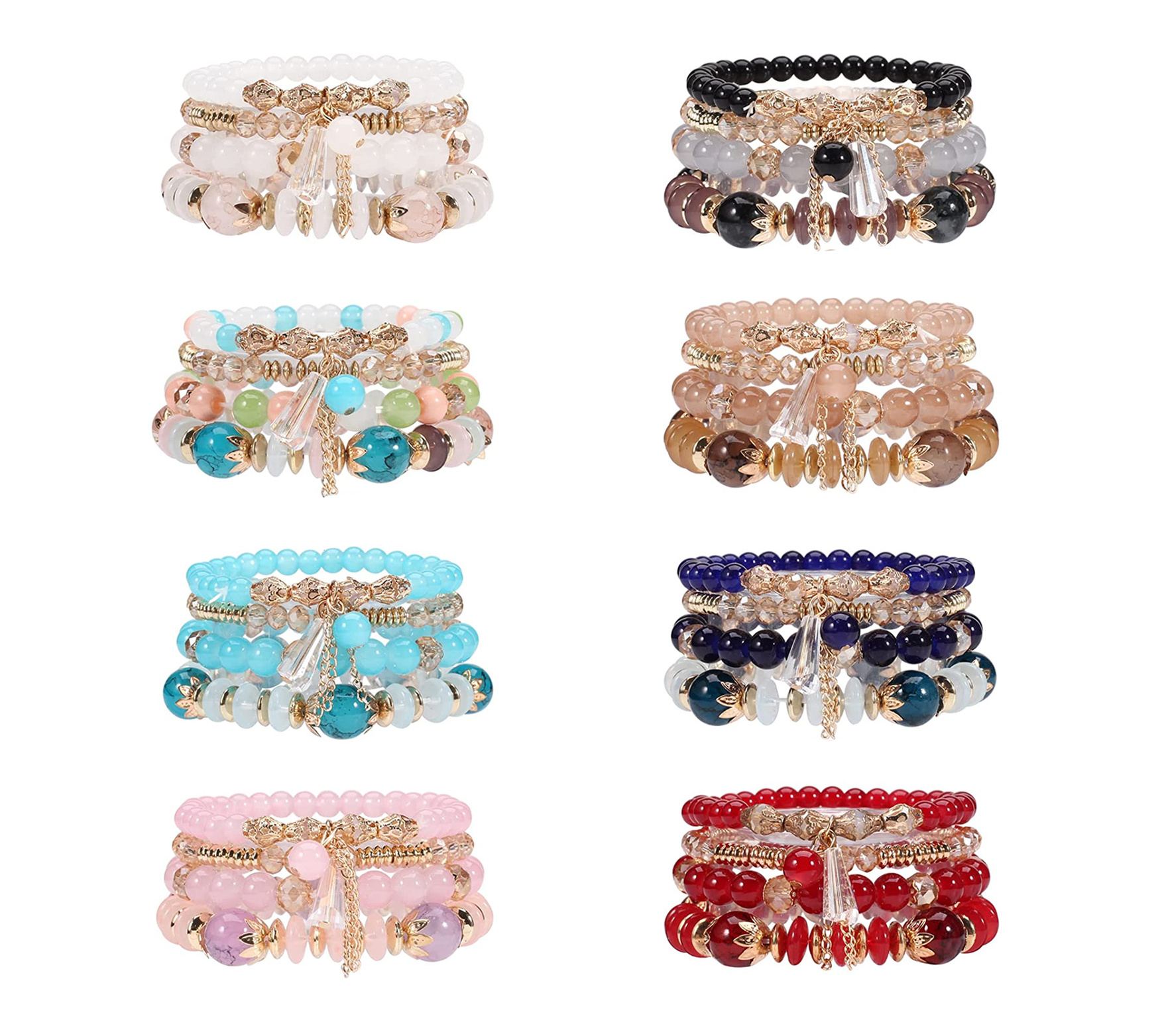 4pcs/pack Bohemian Stackable Bracelets with Tassels Multilayered Stretched Crystal Glass Beaded Bracelets for Women Girls