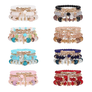 4pcs/pack Bohemian Stackable Bracelets with Tassels Multilayered Stretched Crystal Glass Beaded Bracelets for Women Girls