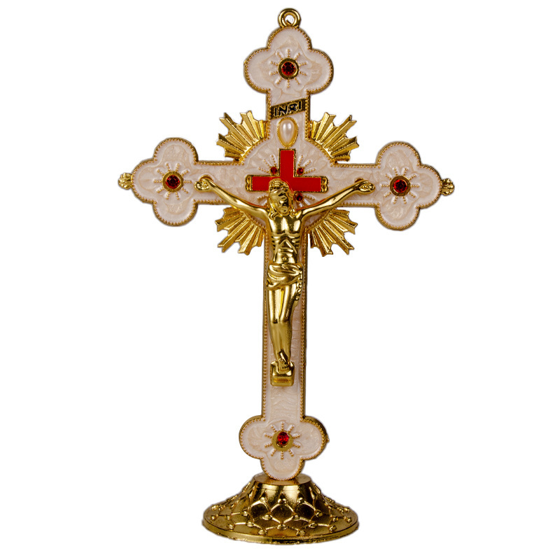 Custom designed wholesale religious Jesus metal standing crucifix, decorated with a Catholic wall cross