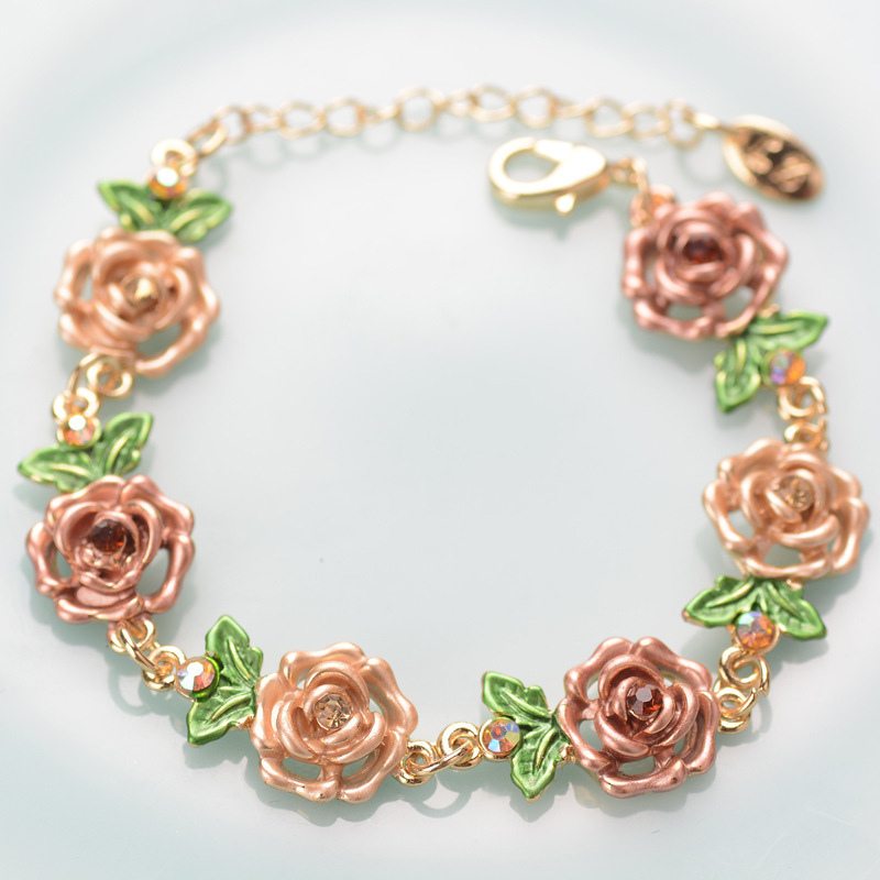 New Design Vintage Alloy Crystal Green Leaf Cloisonne Rose Flower Bracelet