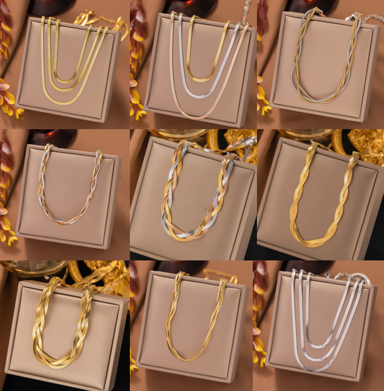 Stainless Steel Layered Herringbone Chain Necklace 18K PVD Gold Plated Twisted Flat Snake Chain Necklace Jewelry For Women