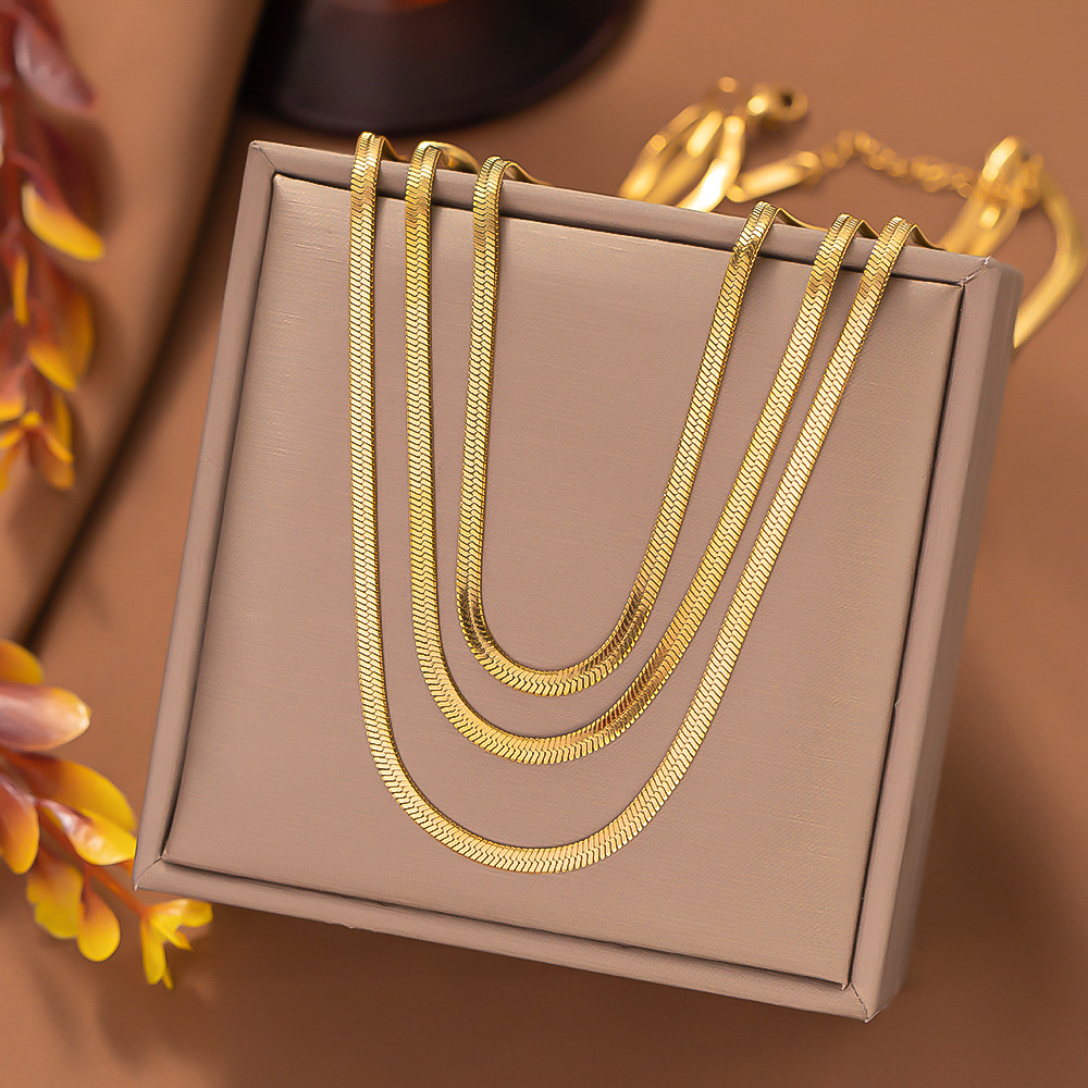 Stainless Steel Layered Herringbone Chain Necklace 18K PVD Gold Plated Twisted Flat Snake Chain Necklace Jewelry For Women