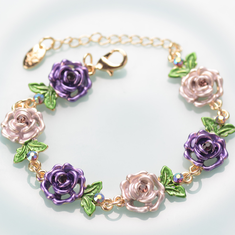 New Design Vintage Alloy Crystal Green Leaf Cloisonne Rose Flower Bracelet