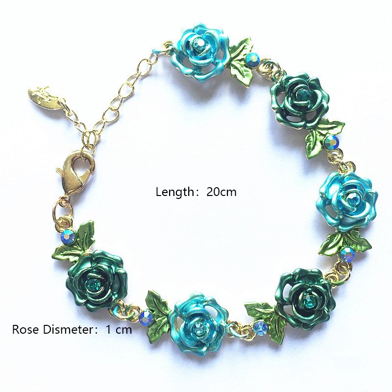 New Design Vintage Alloy Crystal Green Leaf Cloisonne Rose Flower Bracelet