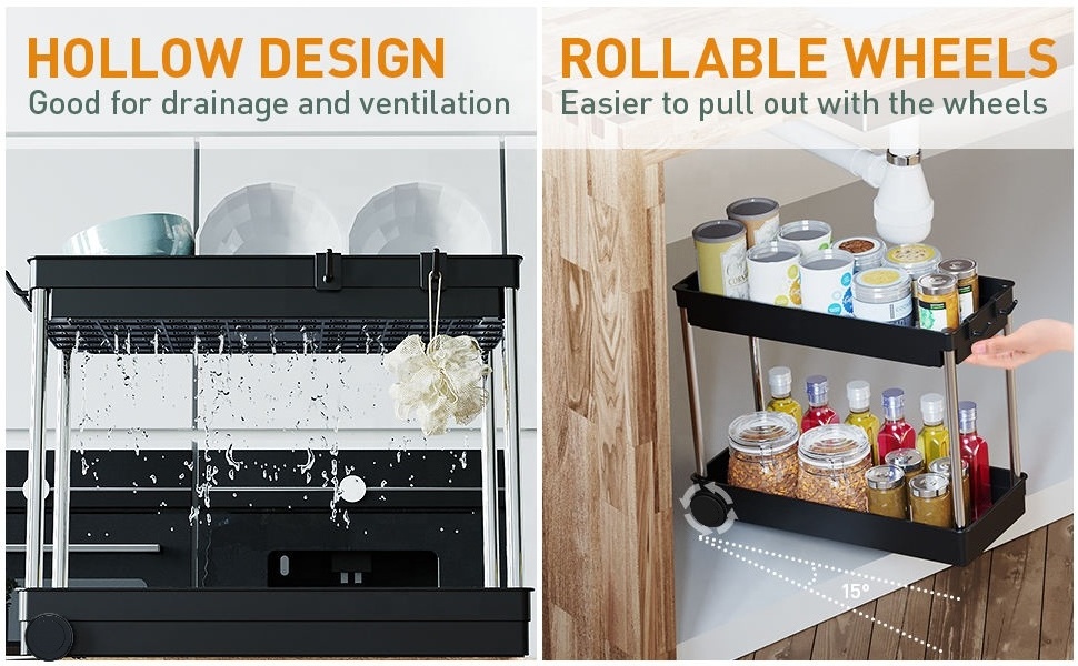 Bathroom Kitchen with Anti-slip Pads Hooks 2 Tier Pull-Out Storage Rack Cabinet Storage Organizer Pull Out Sink Storage Rack