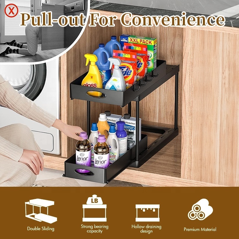 Double Sliding Cabinet Drawer and Storage 2 Tier Easy Access Slide Out Bathroom Under Sink Cabinet Kitchen Organizers Storage