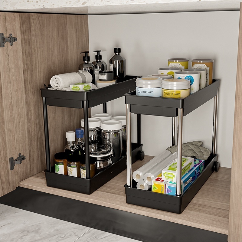 Black Counter Organizer with Hooks, Under Sink Rack 2 Tier Bathroom Cabinet Storage Organizer, Pull Out Sink Storage Rack