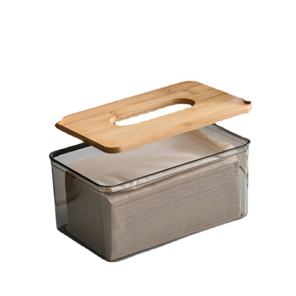 Facial Tissue Dispenser Box with Bamboo Wood Lid Transparent Container Modern Design Napkin Organizer