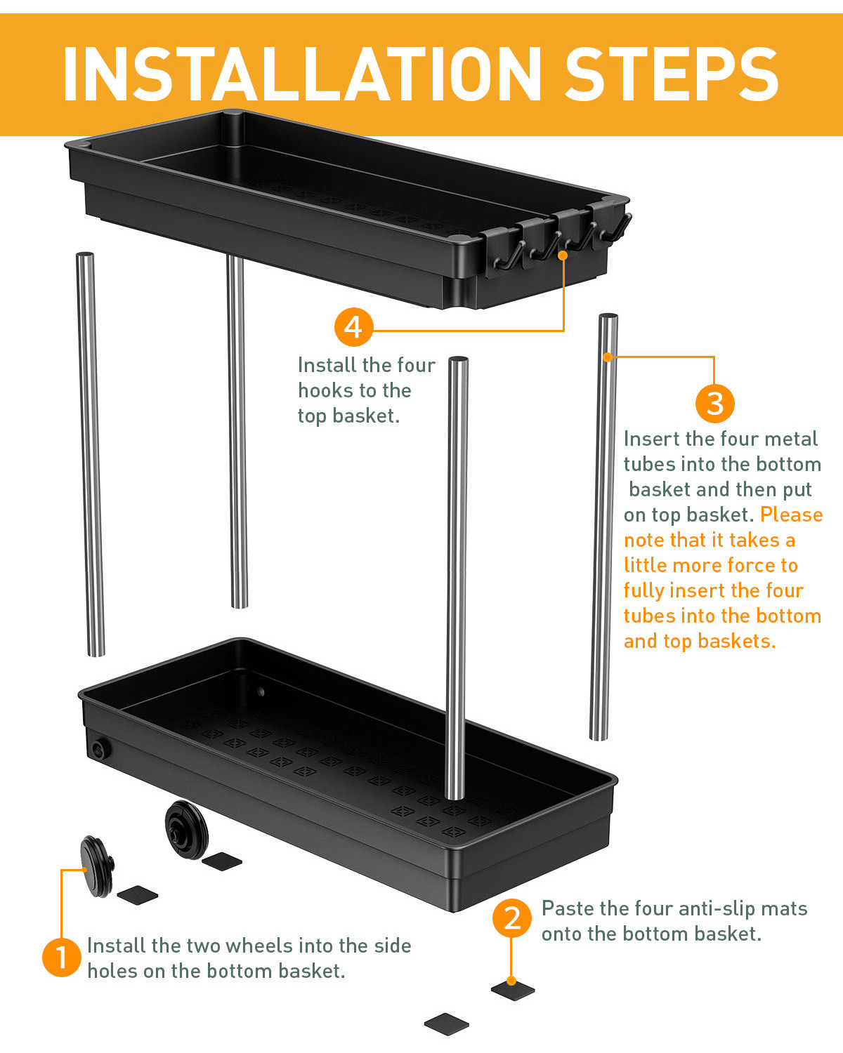 Under Sink Organizer for Bathroom & Kitchen, with Anti-slip Pads & Hooks, 2 Tier Pull-Out Storage Rack under the sink organizer