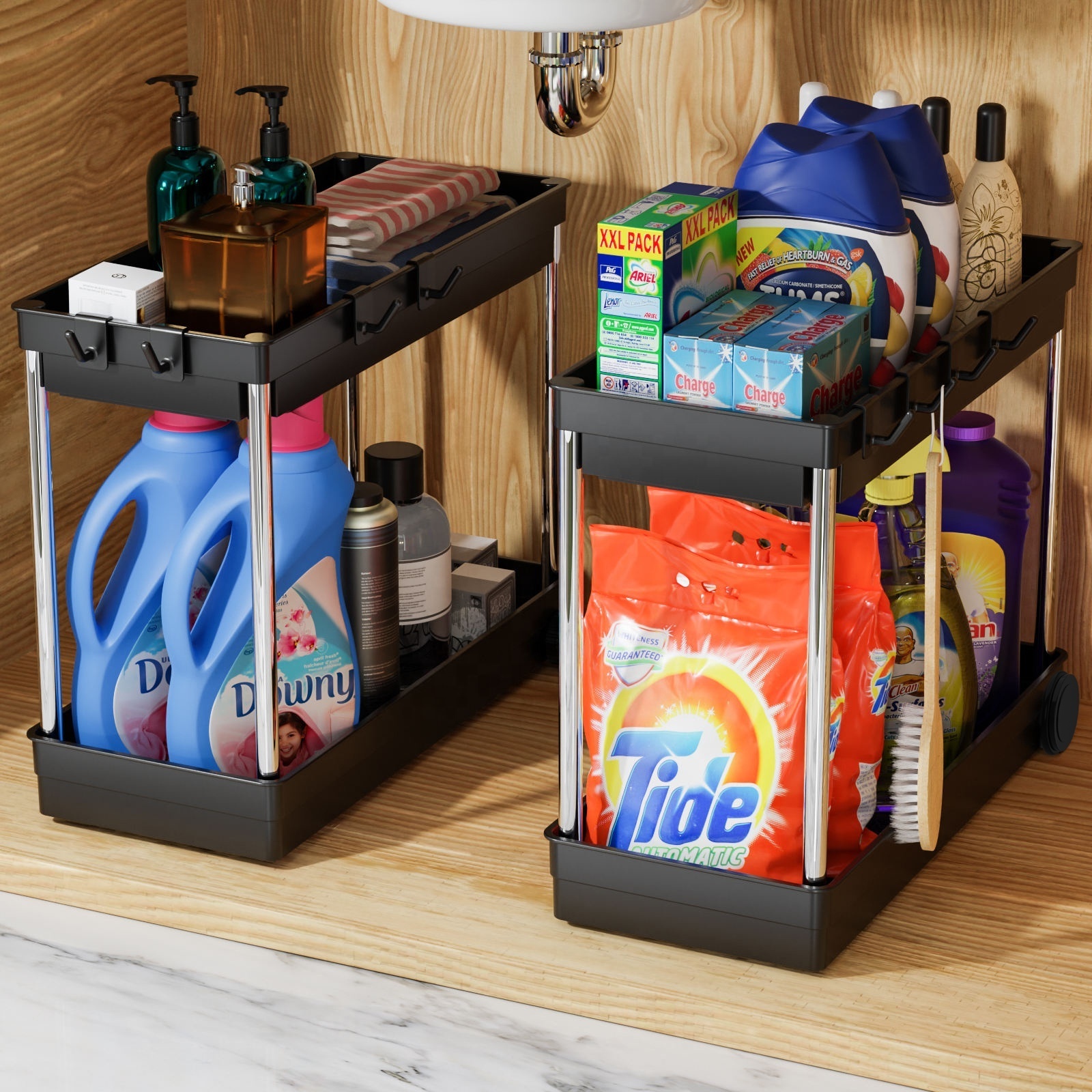 Black Counter Organizer with Hooks, Under Sink Rack 2 Tier Bathroom Cabinet Storage Organizer, Pull Out Sink Storage Rack