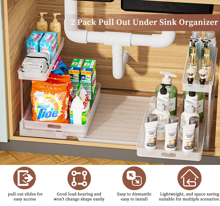 Pull Out Cabinet Organizer 2 Tier Rack Sliding Drawer Shelf Storage Multi Use for Kitchen Bathroom Home Under Sink Organizer