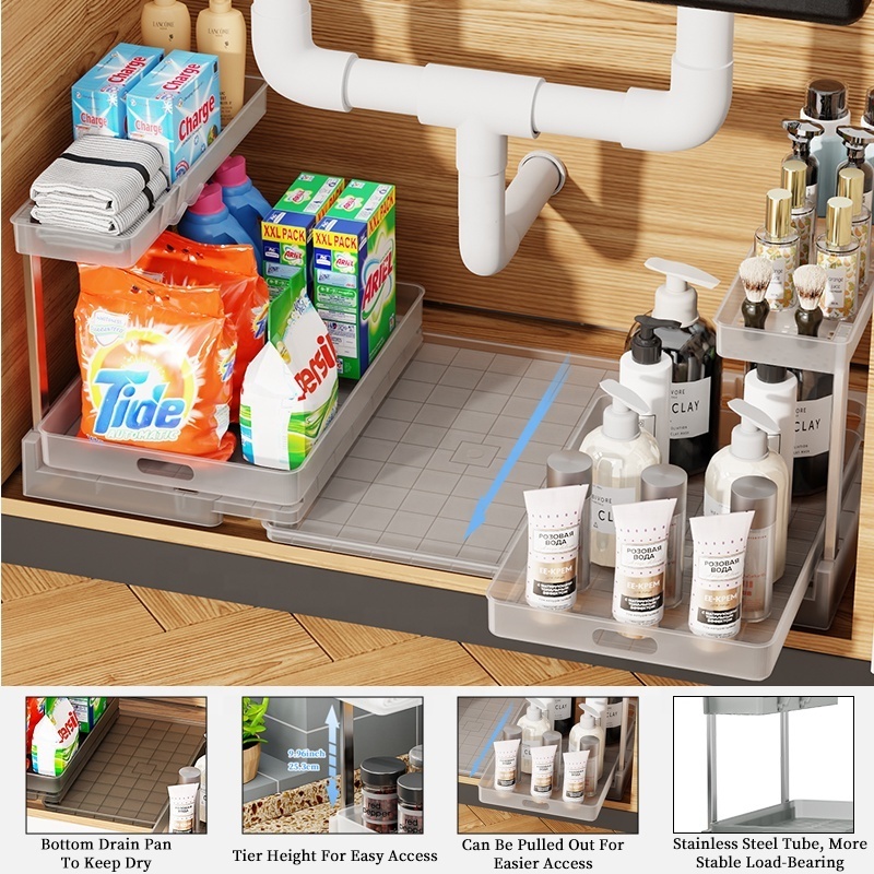 Pull Out Cabinet Organizer 2 Tier Rack Sliding Drawer Shelf Storage Multi Use for Kitchen Bathroom Home Under Sink Organizer