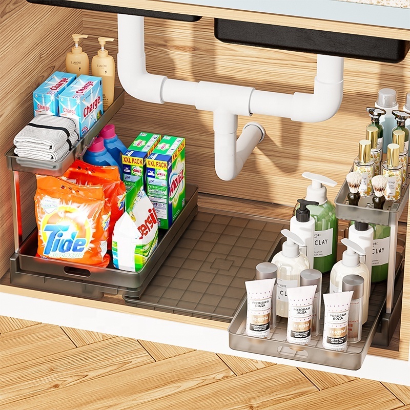 Pull Out Cabinet Organizer 2 Tier Rack Sliding Drawer Shelf Storage Multi Use for Kitchen Bathroom Home Under Sink Organizer