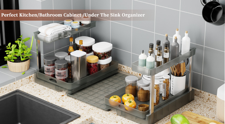 Pull Out Cabinet Organizer 2 Tier Rack Sliding Drawer Shelf Storage Multi Use for Kitchen Bathroom Home Under Sink Organizer