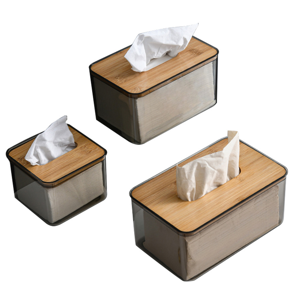 Facial Tissue Dispenser Box with Bamboo Wood Lid Transparent Container Modern Design Napkin Organizer