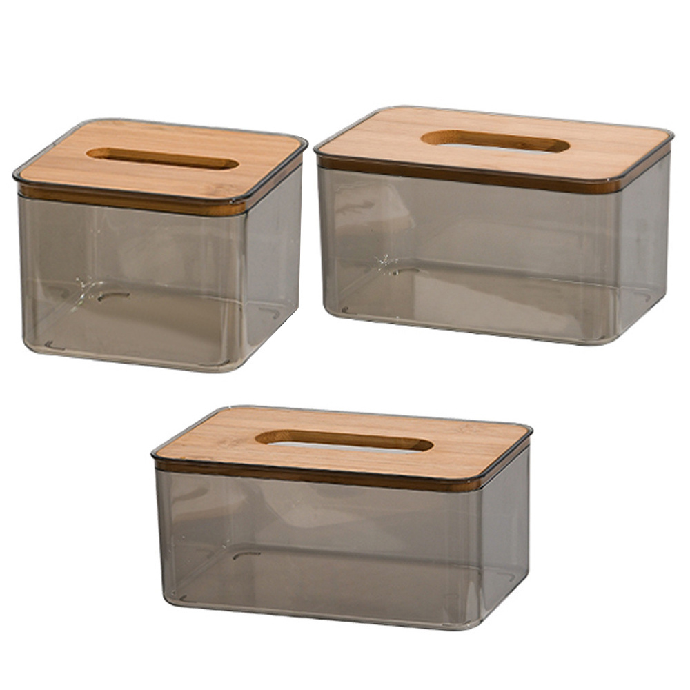 Facial Tissue Dispenser Box with Bamboo Wood Lid Transparent Container Modern Design Napkin Organizer