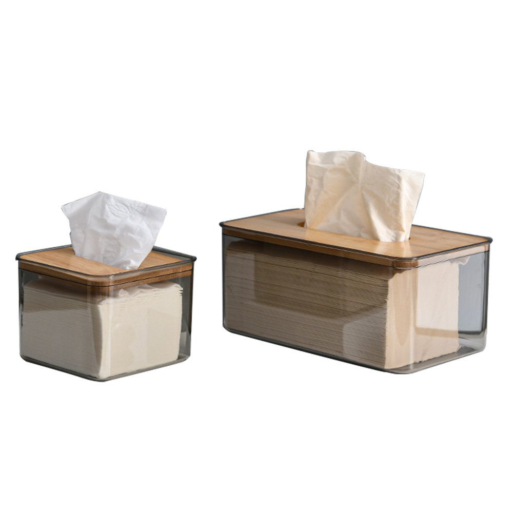 Facial Tissue Dispenser Box with Bamboo Wood Lid Transparent Container Modern Design Napkin Organizer