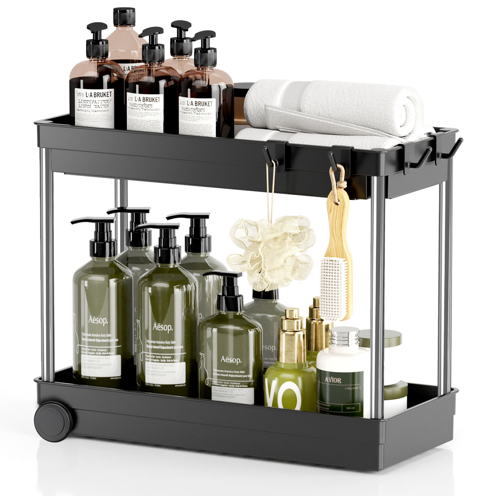 Under Sink Organizer for Bathroom & Kitchen, with Anti-slip Pads & Hooks, 2 Tier Pull-Out Storage Rack under the sink organizer