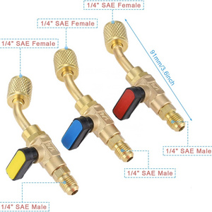 1/4" SAE Brass Ball Valve Angled Compact Shut-Off Ball Valve R410A R134A Adapter  for Charging Hose AC Refrigerant Tool