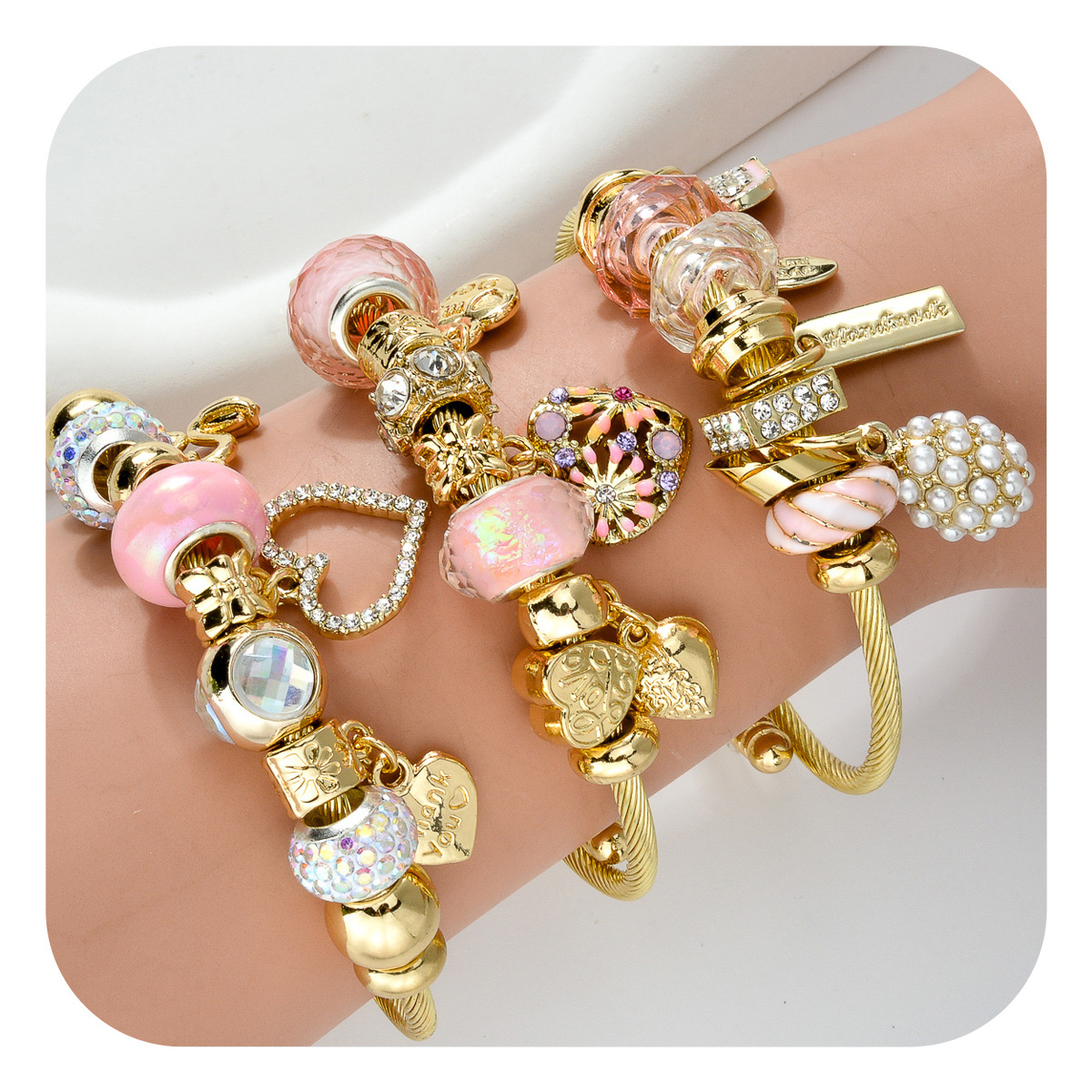 Fashion Pink Crystal 18k Gold Plated Zircon Heart Stainless Steel Adjustable Bead Charm Bracelet Women