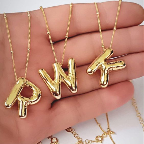 Zeadear Gold Plated Stainless Steel Chunky Alphabet Chubby Helium Balloon Bubble Initial Letter Pendant Necklace for Women