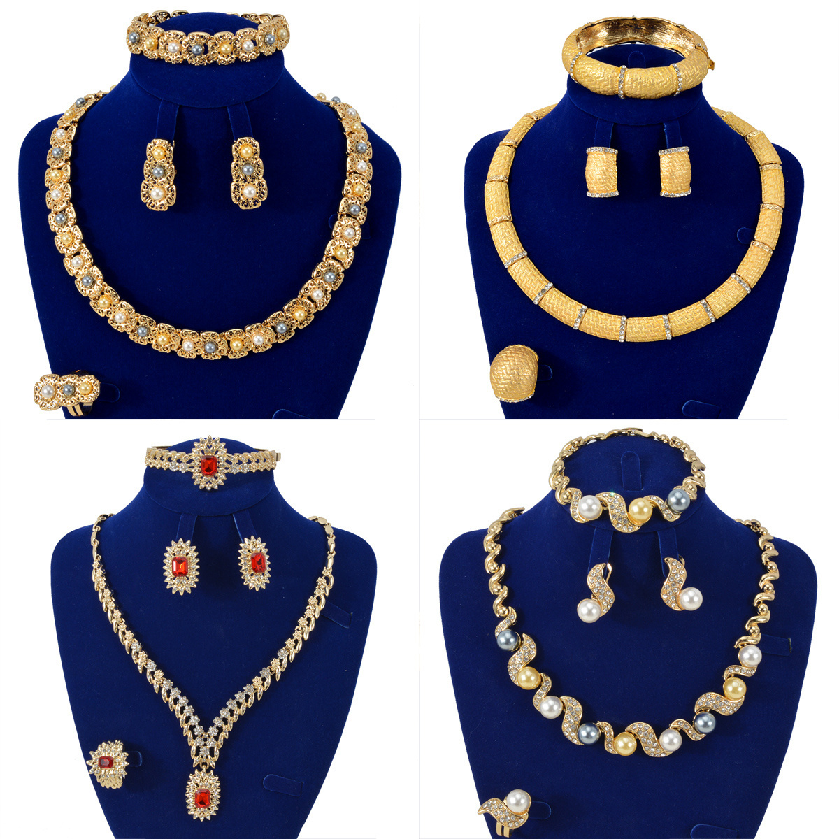 Custom Wholesale Jewellery Fashion Dubai Gold Plated Luxury Bridal Wedding Pearl Zircon Jewelry Set Women