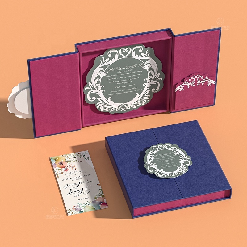 luxury double door open  velvet wedding invitation box