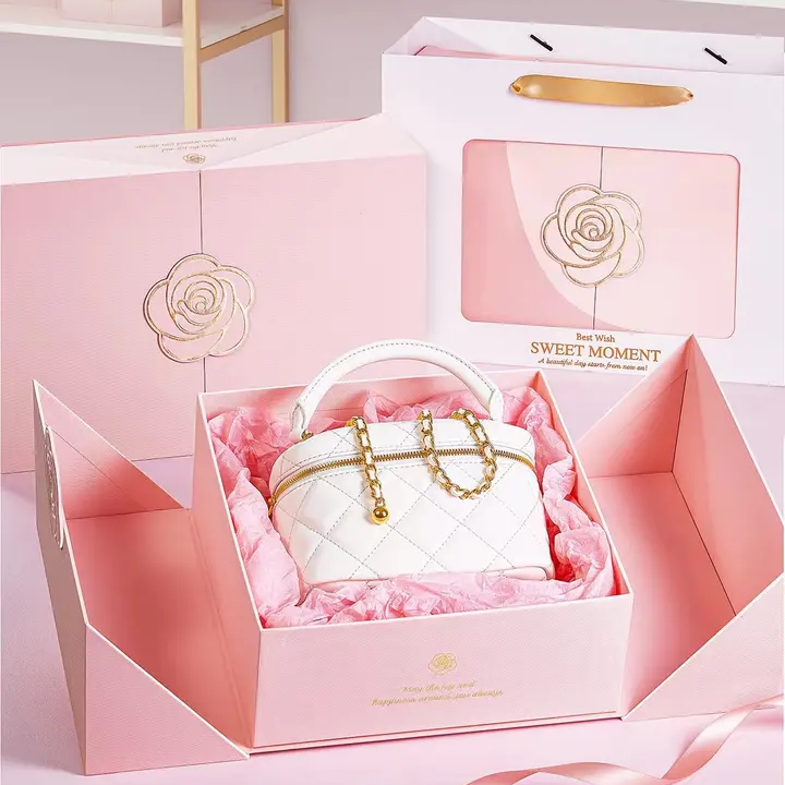 Luxury Cosmetic Packaging Pink Custom Logo Magnetic Lid Middle Open Rectangle Rigid Box For Handbag Gift Box Packaging