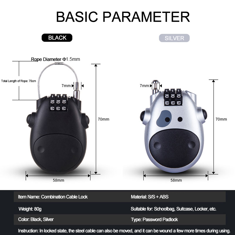 Retractable Steel Cable Luggage Backpack Bag Cabinet Door Combination Cable Lock